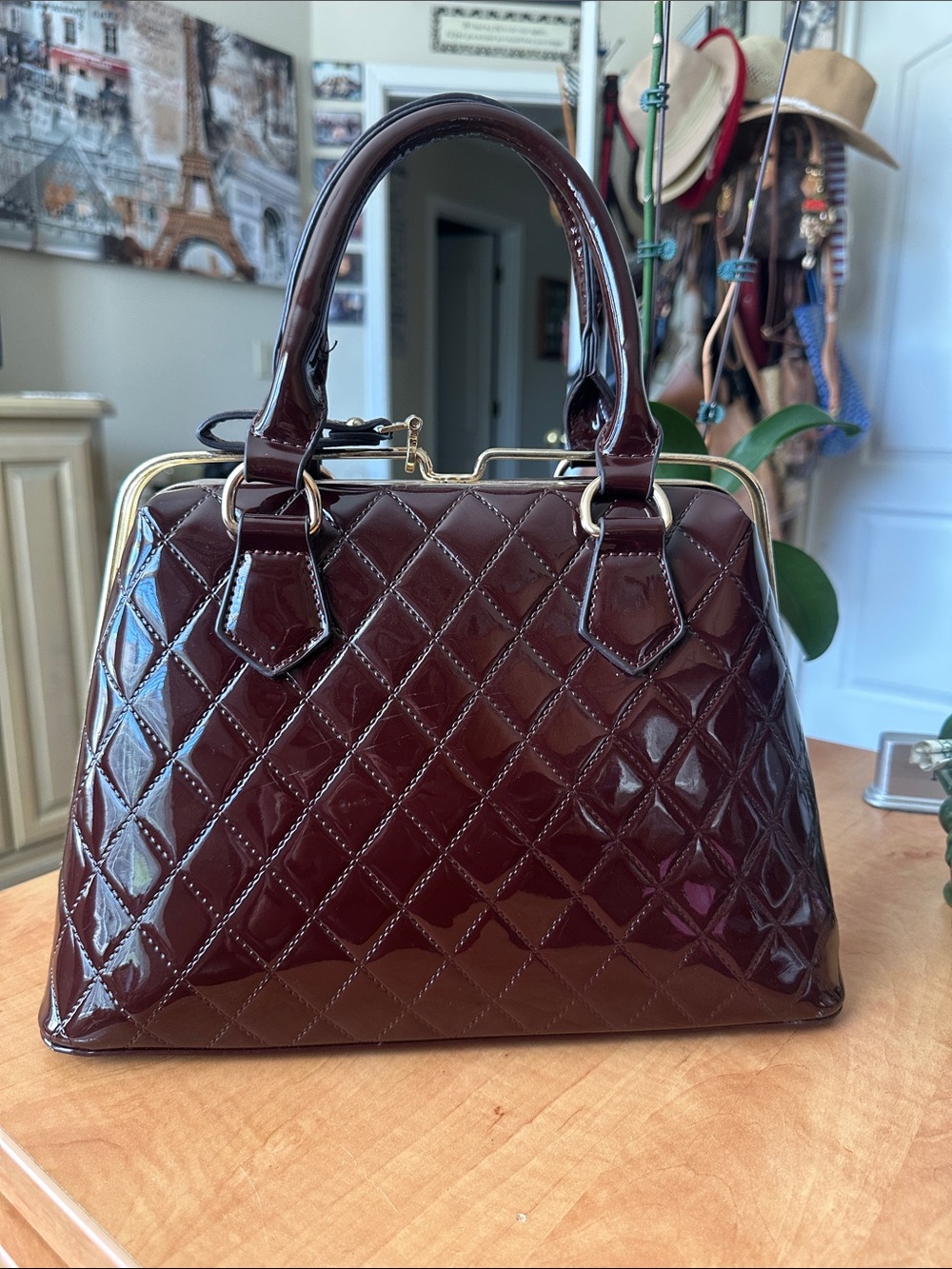 Quilted Patent Satchel Handbag - Deep Bordeaux